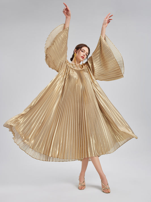 Elegant Gold Embroidery Pleats Dress