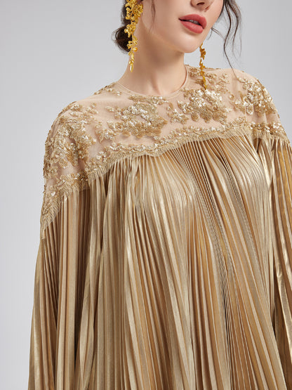 Elegant Gold Embroidery Pleats Dress