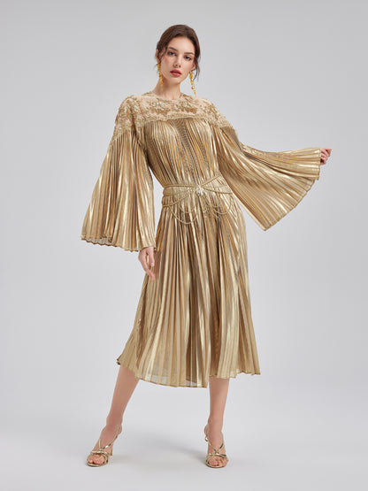 Elegant Gold Embroidery Pleats Dress