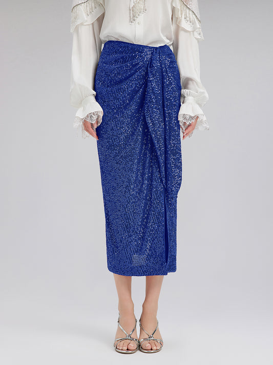 Blue Side-Slit Sequin Skirt