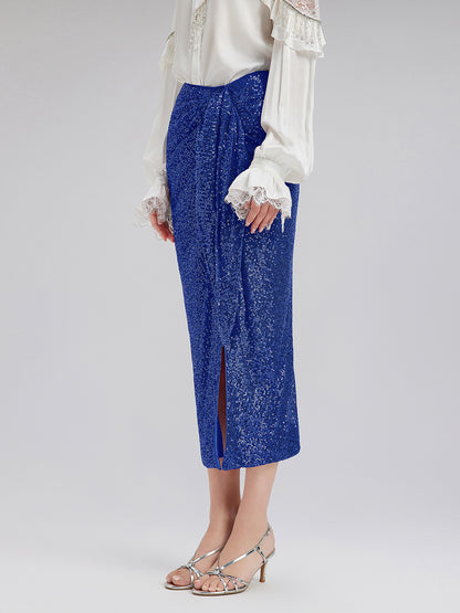 Blue Side-Slit Sequin Skirt