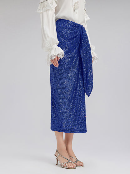 Blue Side-Slit Sequin Skirt