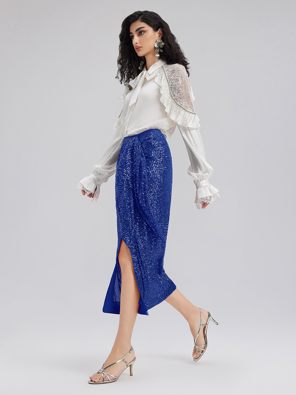 Blue Side-Slit Sequin Skirt