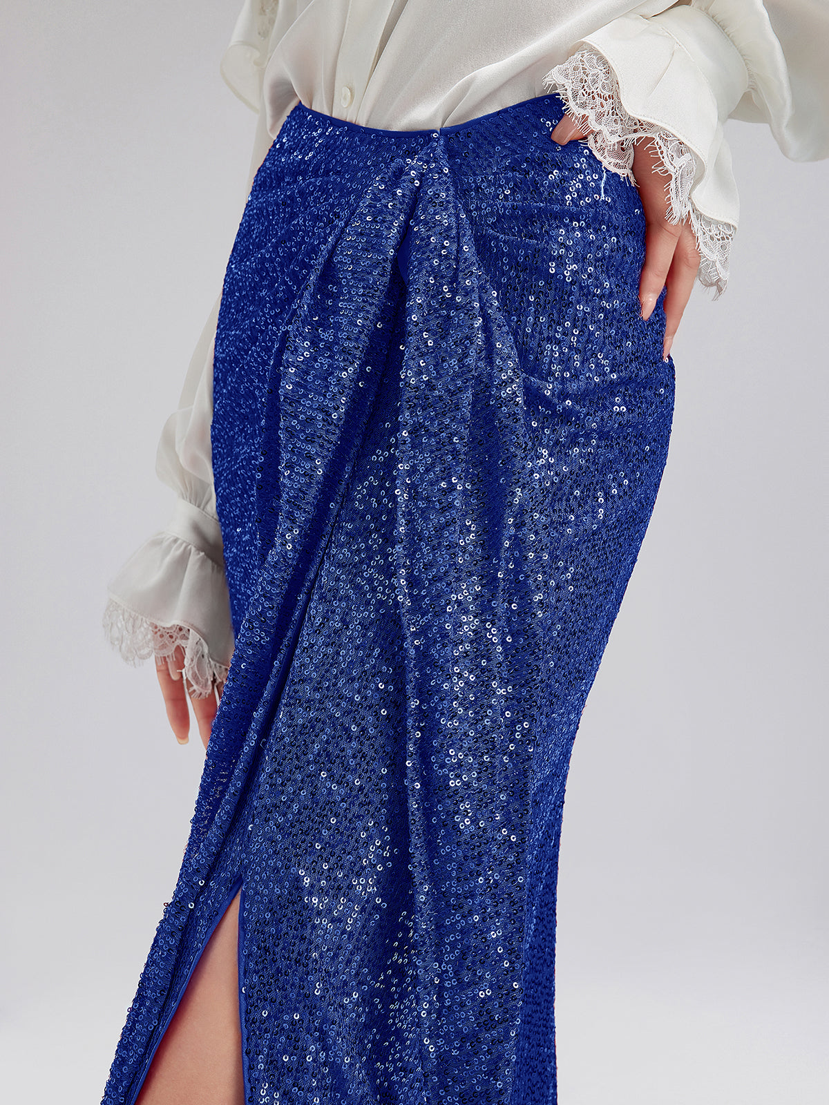 Blue Side-Slit Sequin Skirt