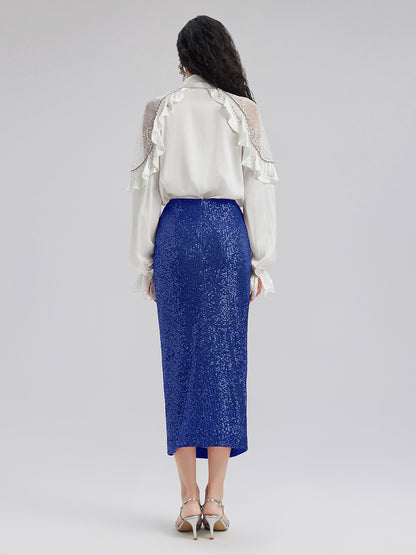 Blue Side-Slit Sequin Skirt