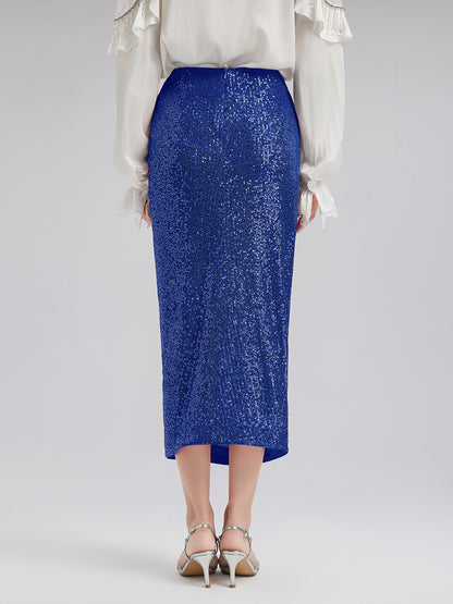 Blue Side-Slit Sequin Skirt