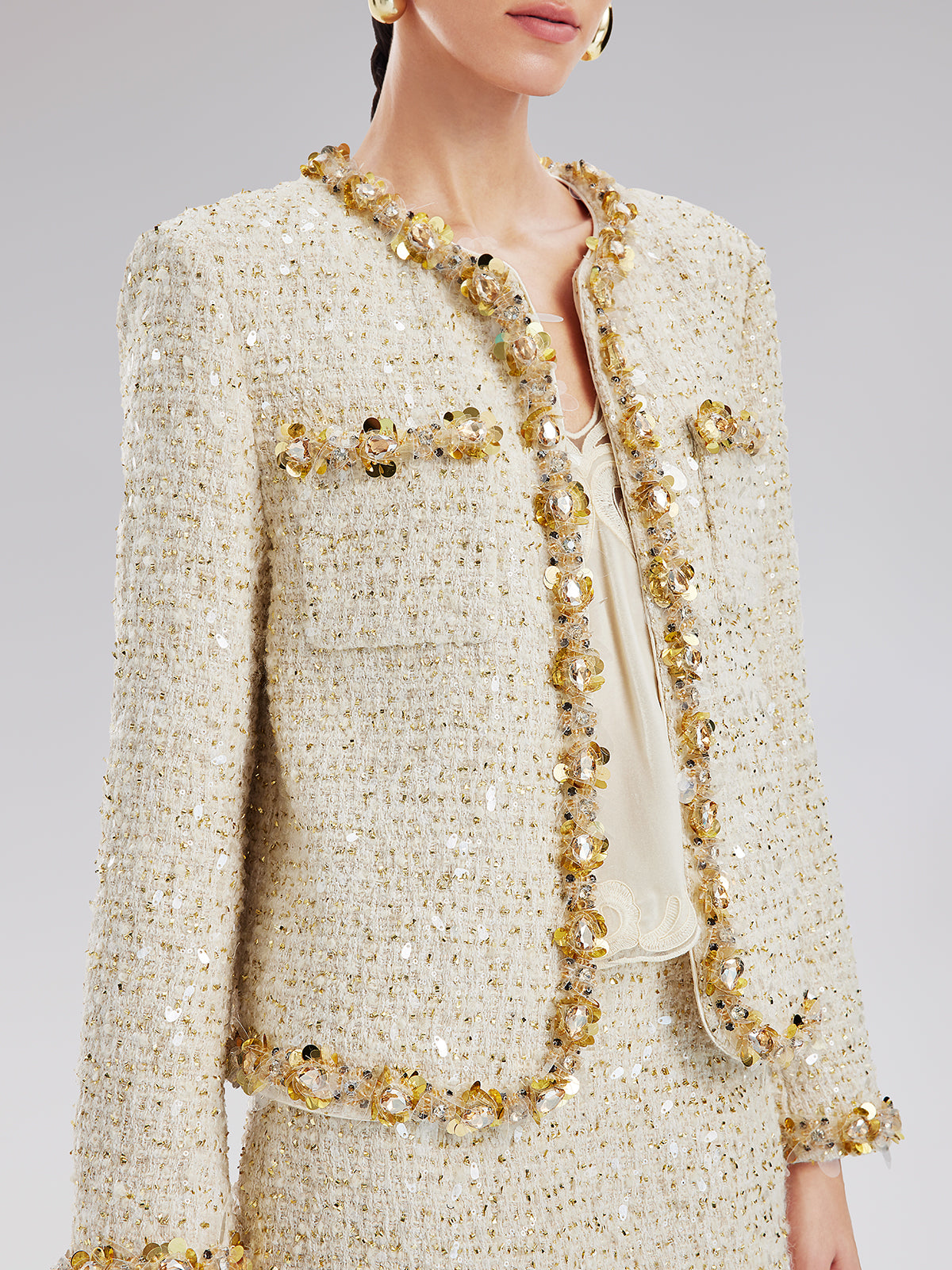 Sequin Trimmed French Tweed Short Jacket