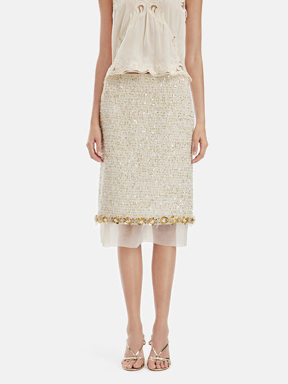 Sequin Trimmed French Mesh-Hem Design Skirt