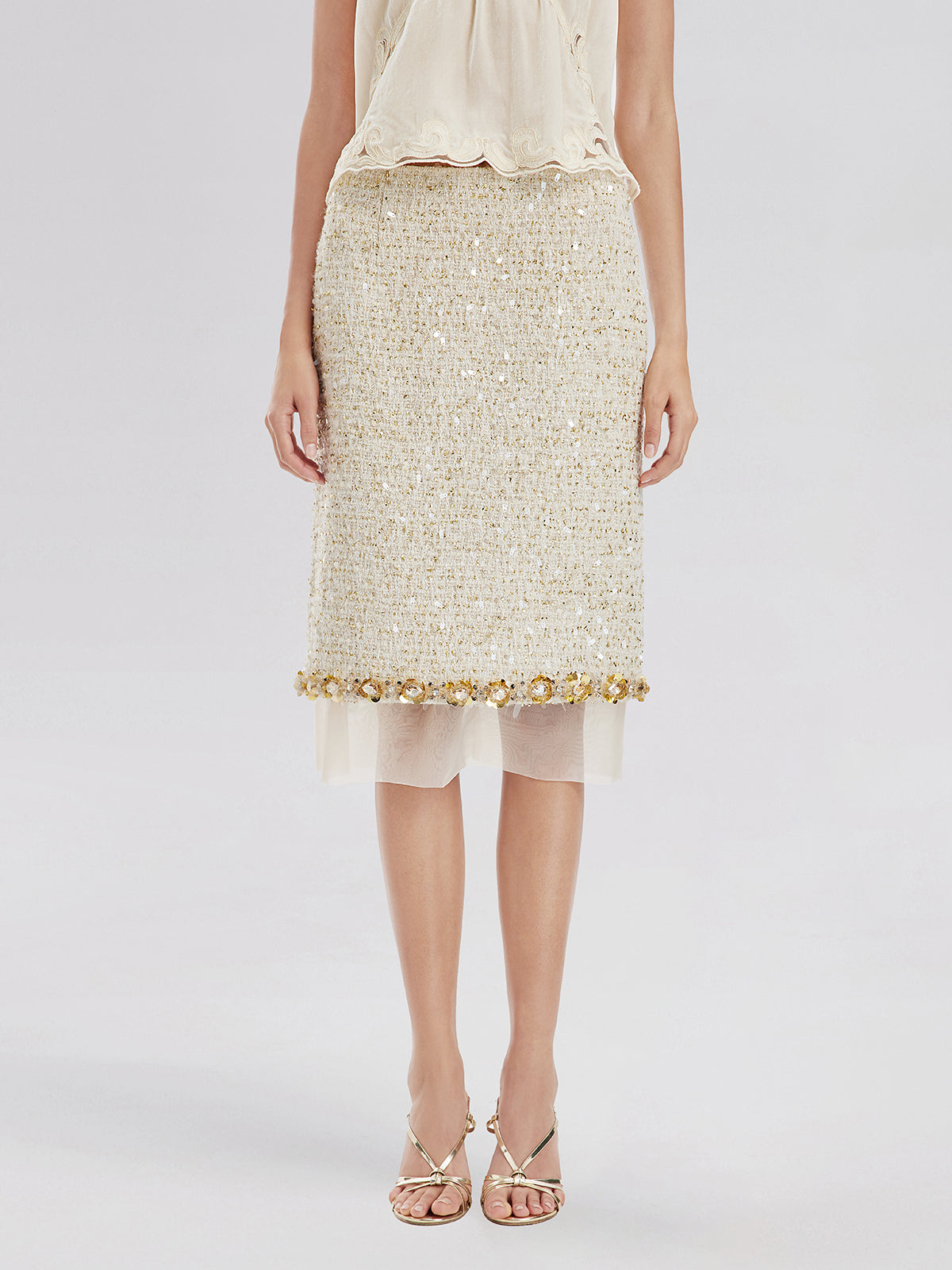 Sequin Trimmed French Mesh-Hem Design Skirt