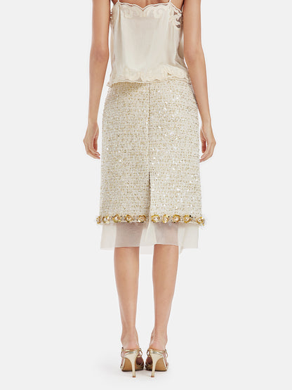 Sequin Trimmed French Mesh-Hem Design Skirt