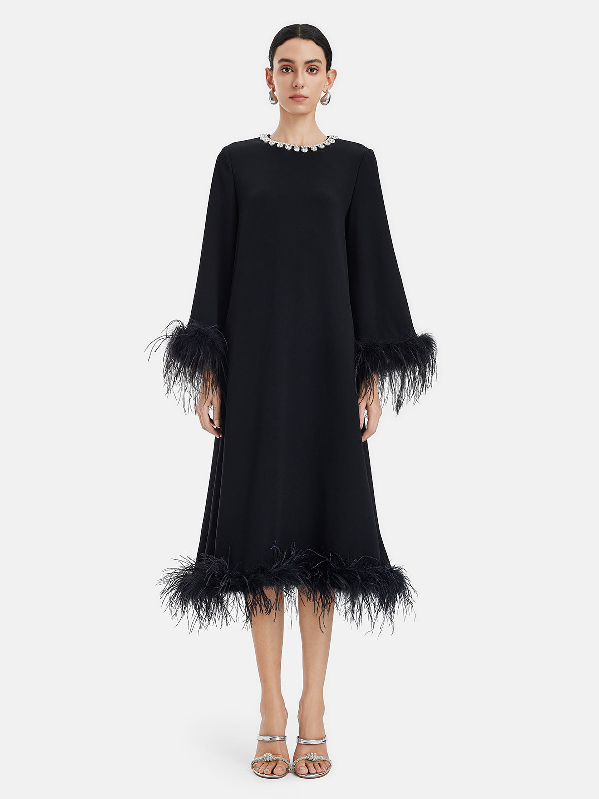 Luxurious Black Feather-Trimmed Dress