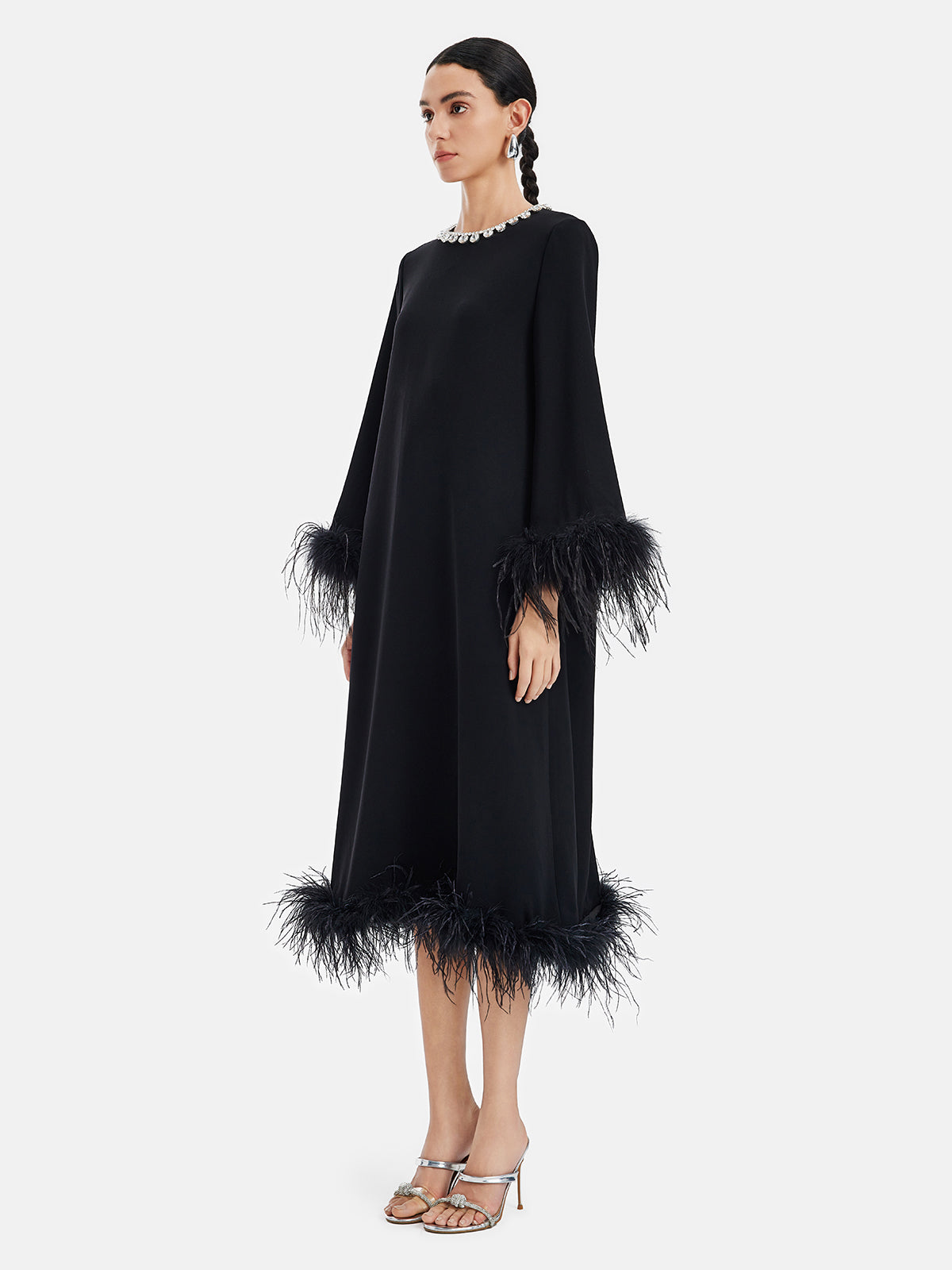 Luxurious Black Feather-Trimmed Dress