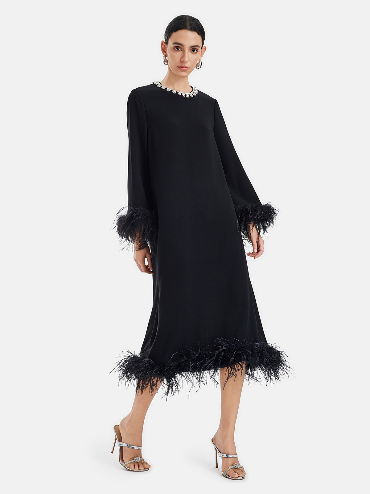 Luxurious Black Feather-Trimmed Dress