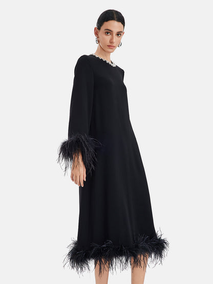 Luxurious Black Feather-Trimmed Dress