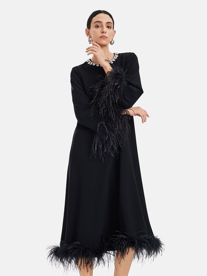 Luxurious Black Feather-Trimmed Dress