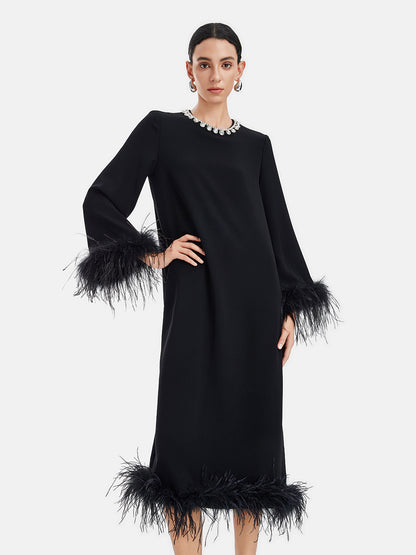 Luxurious Black Feather-Trimmed Dress