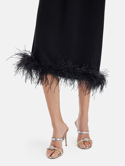 Luxurious Black Feather-Trimmed Dress