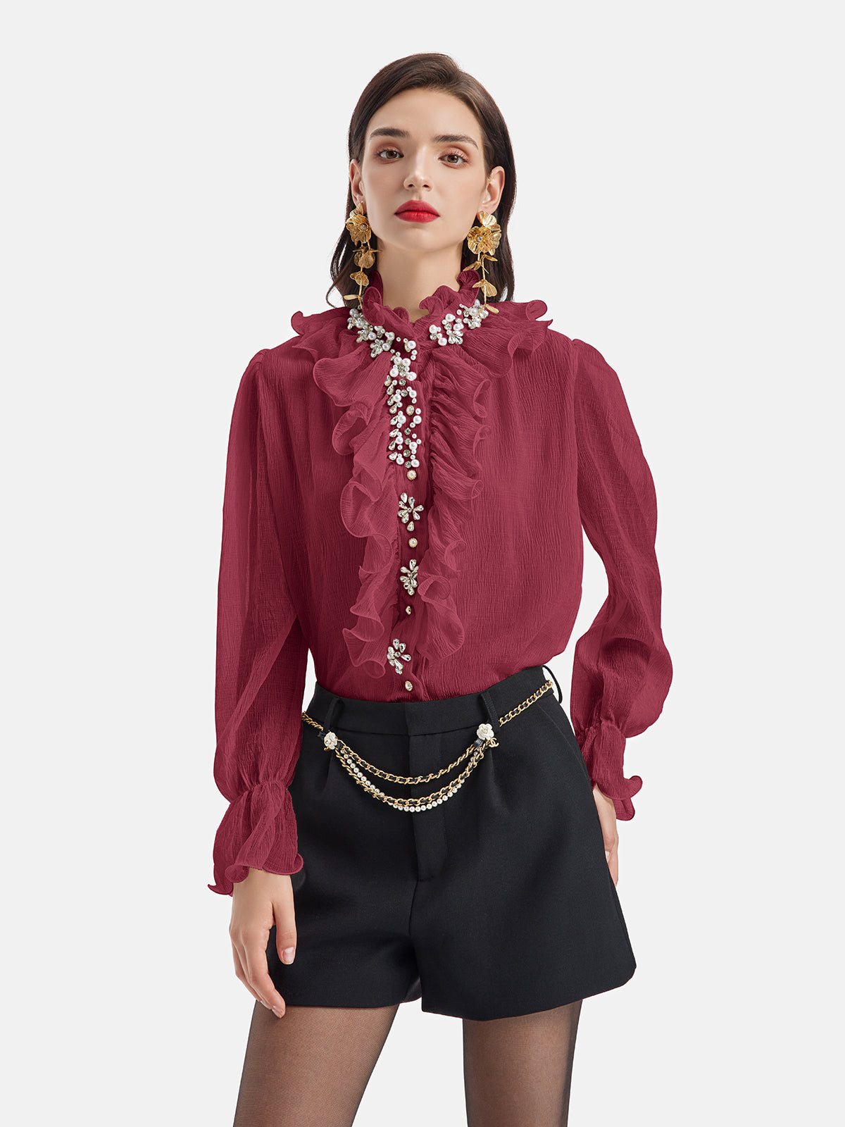 Ruffled Stand Collar Beaded Shirt