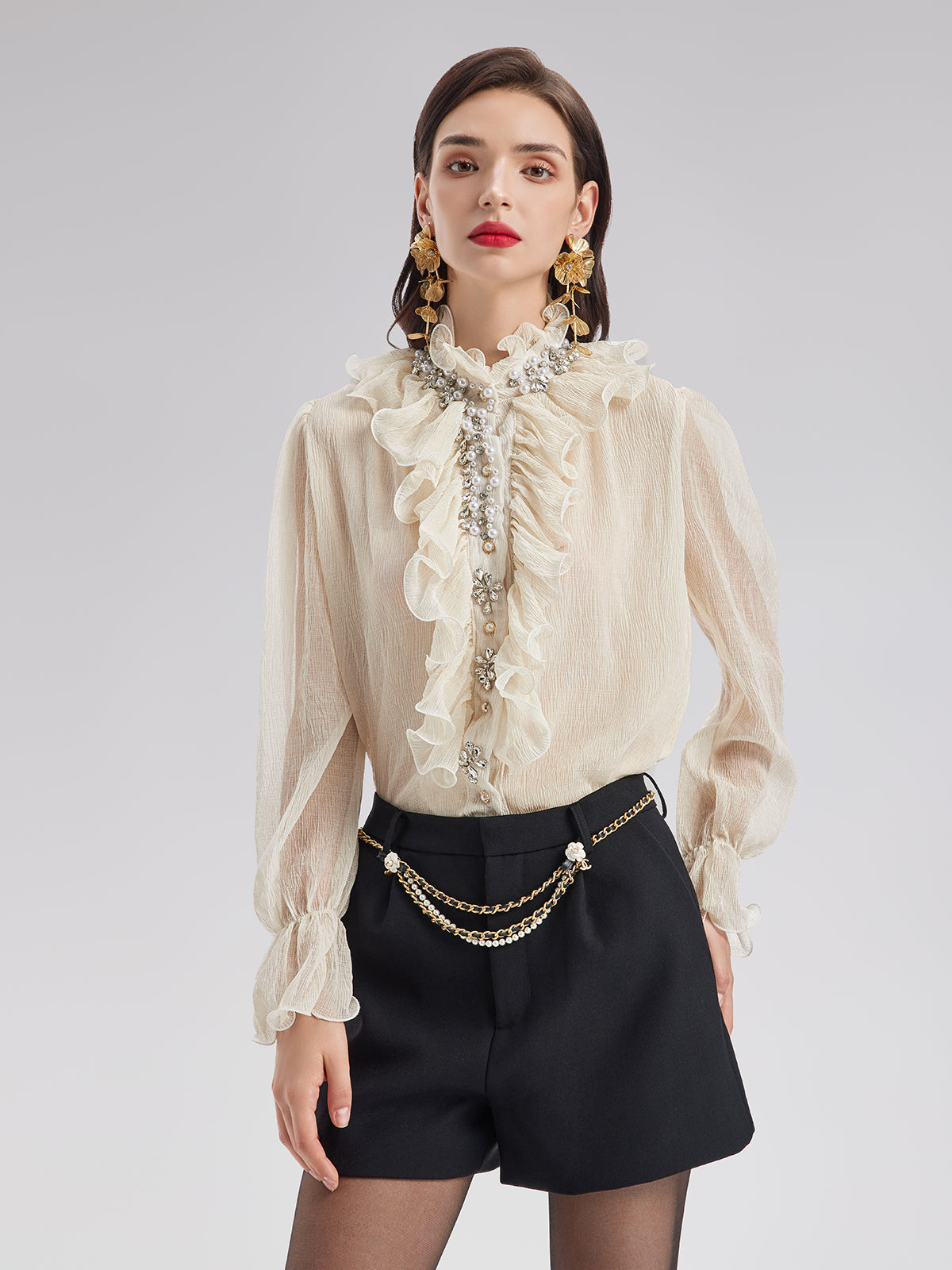 Ruffled Stand Collar Beaded Shirt
