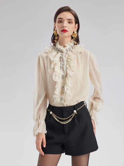Ruffled Stand Collar Beaded Shirt