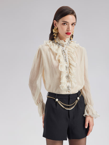 Ruffled Stand Collar Beaded Shirt