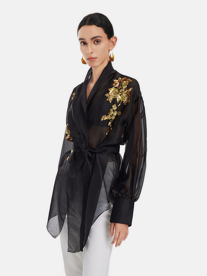 Sheer Silk Embroidered Floral Jacket