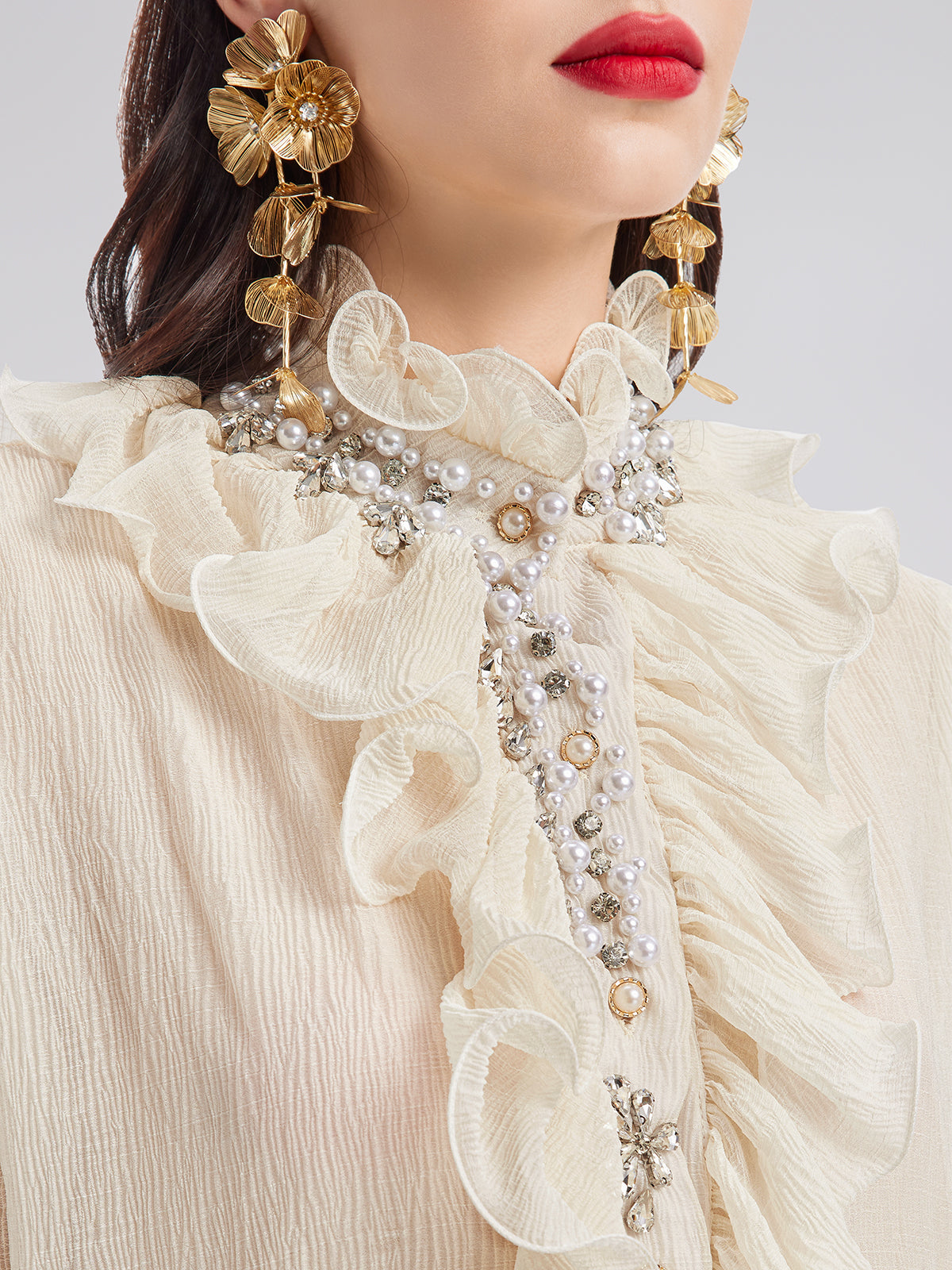 Ruffled Stand Collar Beaded Shirt