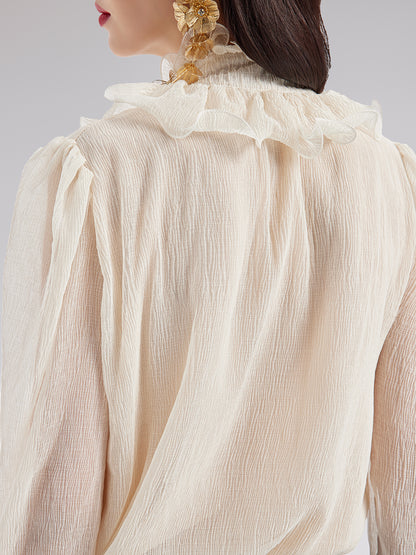 Ruffled Stand Collar Beaded Shirt