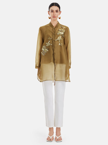 Elegant Olive Silk Layered Blouse