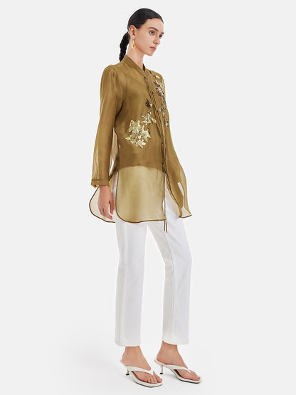 Elegant Olive Silk Layered Blouse