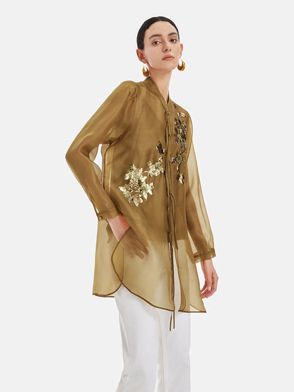 Elegant Olive Silk Layered Blouse