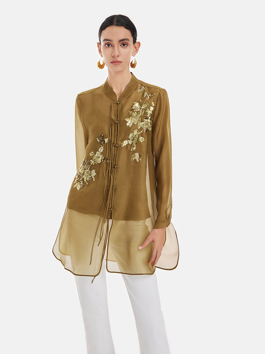 Elegant Olive Silk Layered Blouse