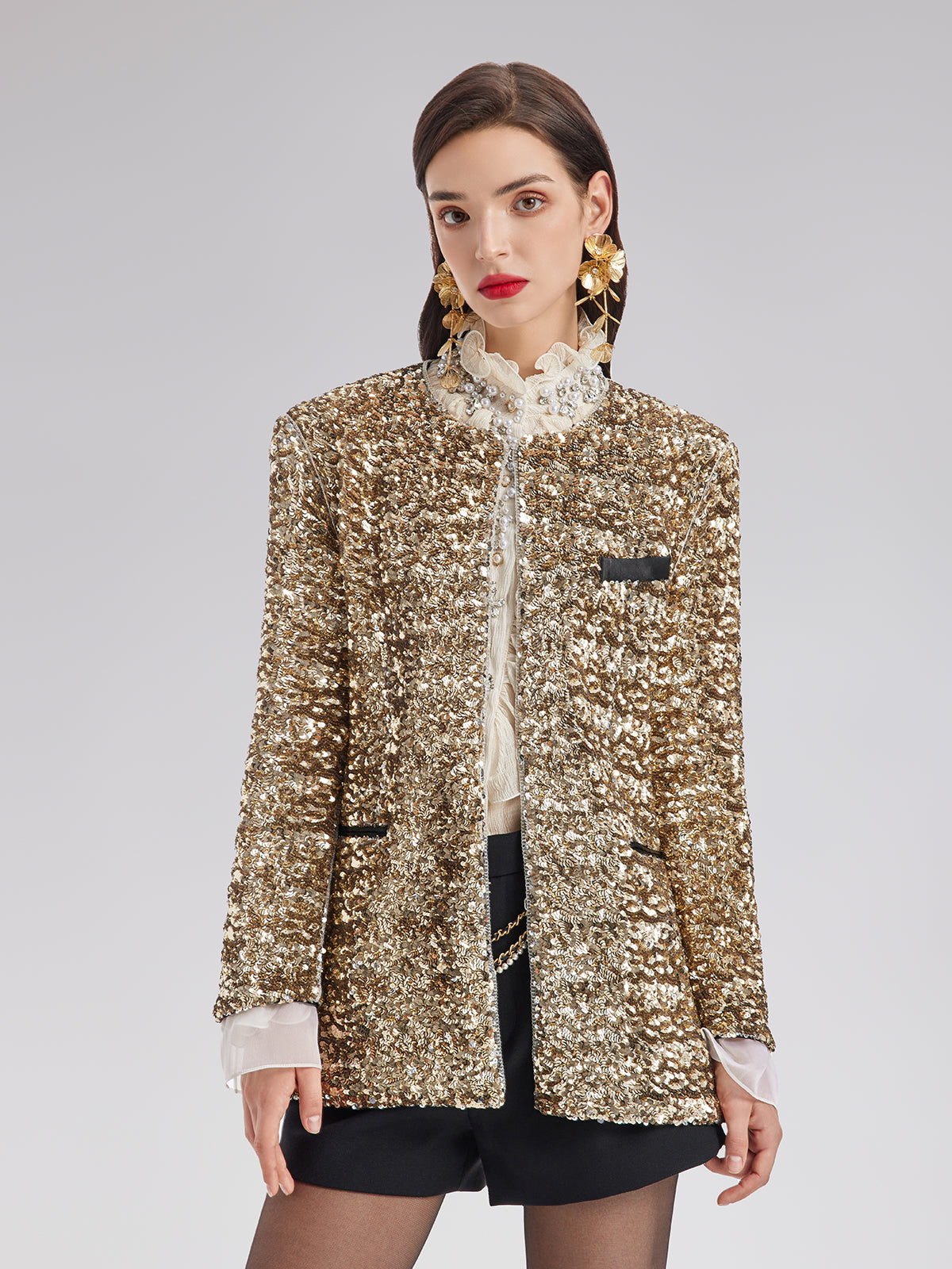 Ruffled Stand Collar Beaded Shirt - Star Queen