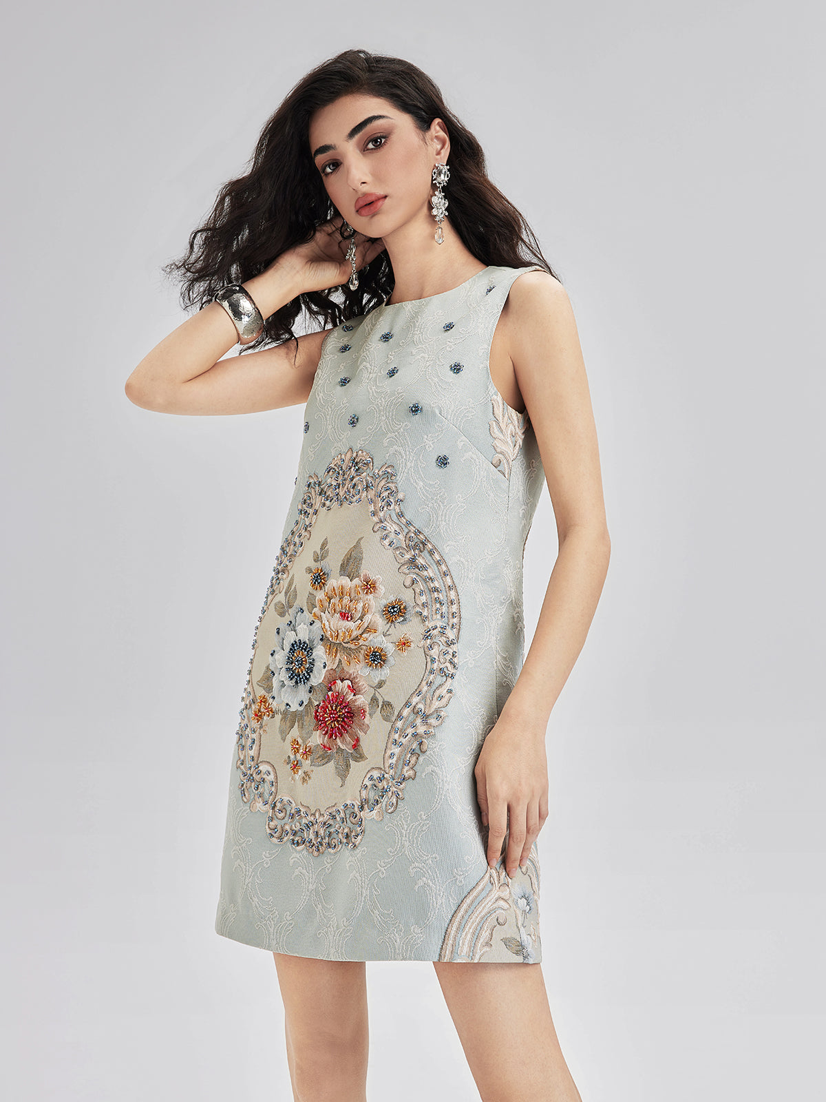 Hand-Sewn Beaded Floral Tank Dress, Light Blue / XL