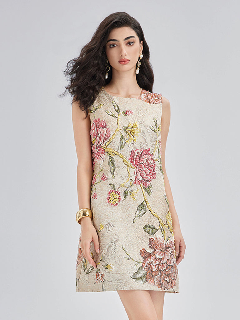 Handmade Beaded 3D Floral Jacquard Tank Dress, Apricot Yellow / M