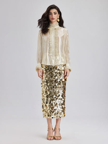 Silk Gold-Foil Pleated Shirt - Chic Style