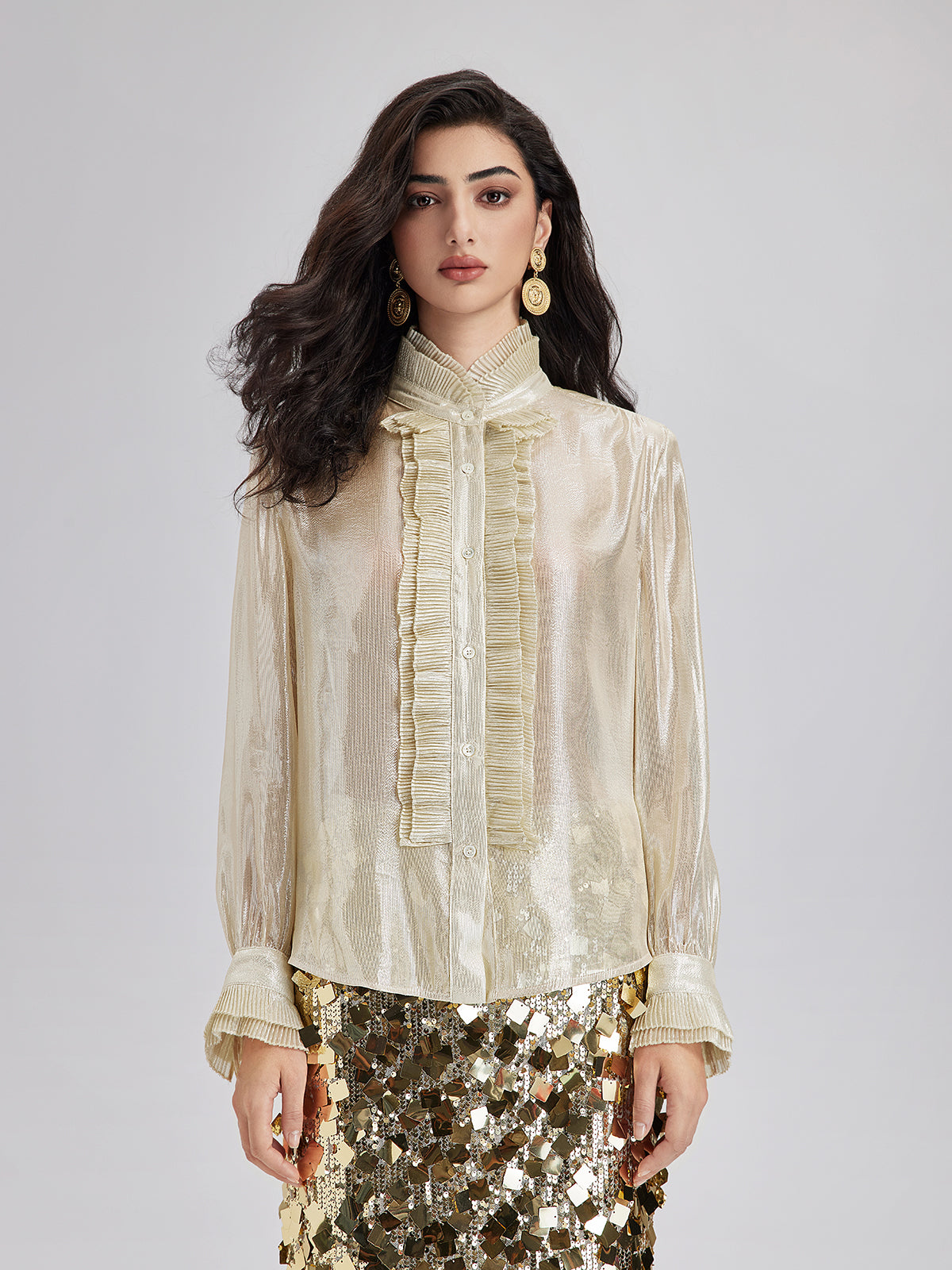 Silk Gold-Foil Pleated Shirt - Chic Style