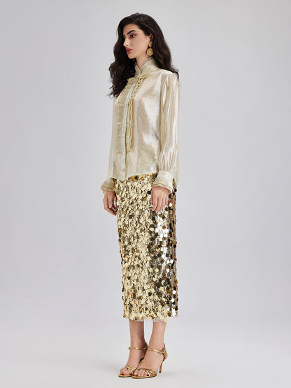 Silk Gold-Foil Pleated Shirt - Chic Style