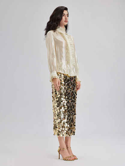 Silk Gold-Foil Pleated Shirt - Chic Style