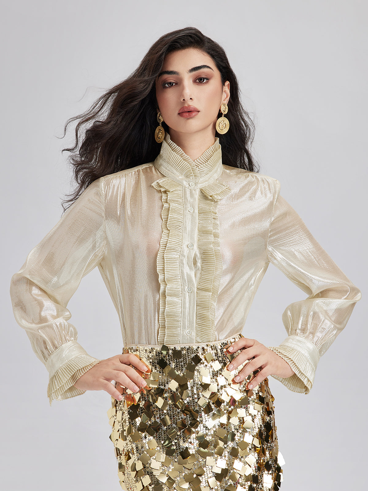 Silk Gold-Foil Pleated Shirt - Chic Style