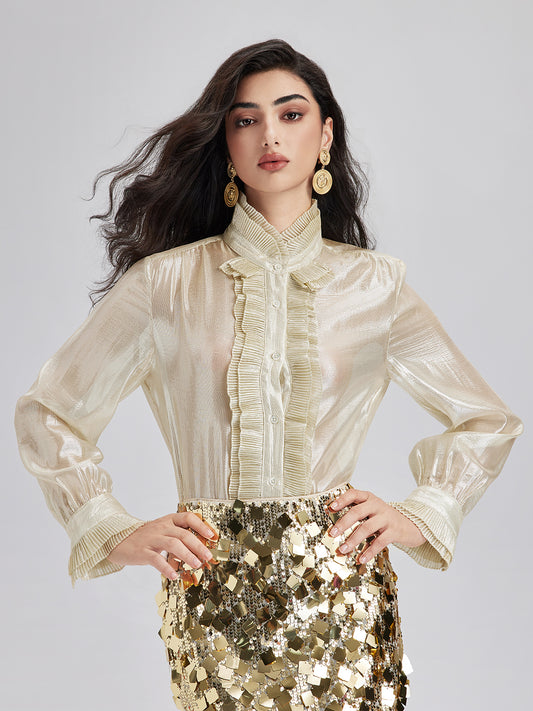 Silk Gold-Foil Pleated Shirt - Chic Style