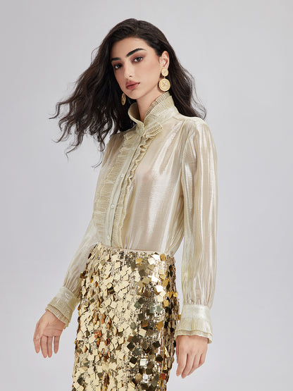 Silk Gold-Foil Pleated Shirt - Chic Style