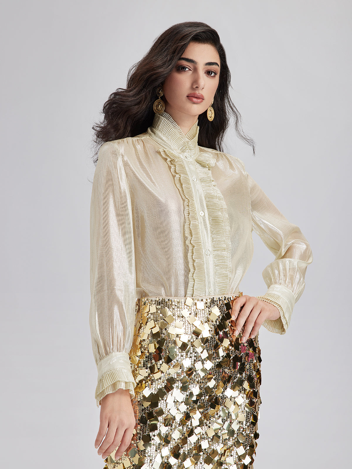 Silk Gold-Foil Pleated Shirt - Chic Style