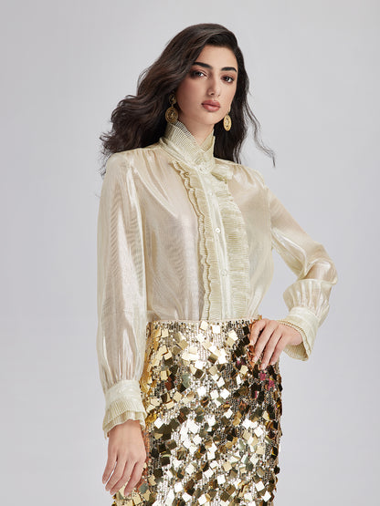 Silk Gold-Foil Pleated Shirt - Chic Style