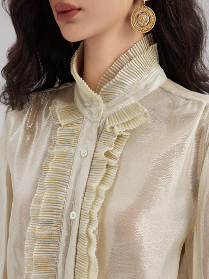 Silk Gold-Foil Pleated Shirt - Chic Style