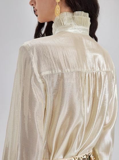 Silk Gold-Foil Pleated Shirt - Chic Style