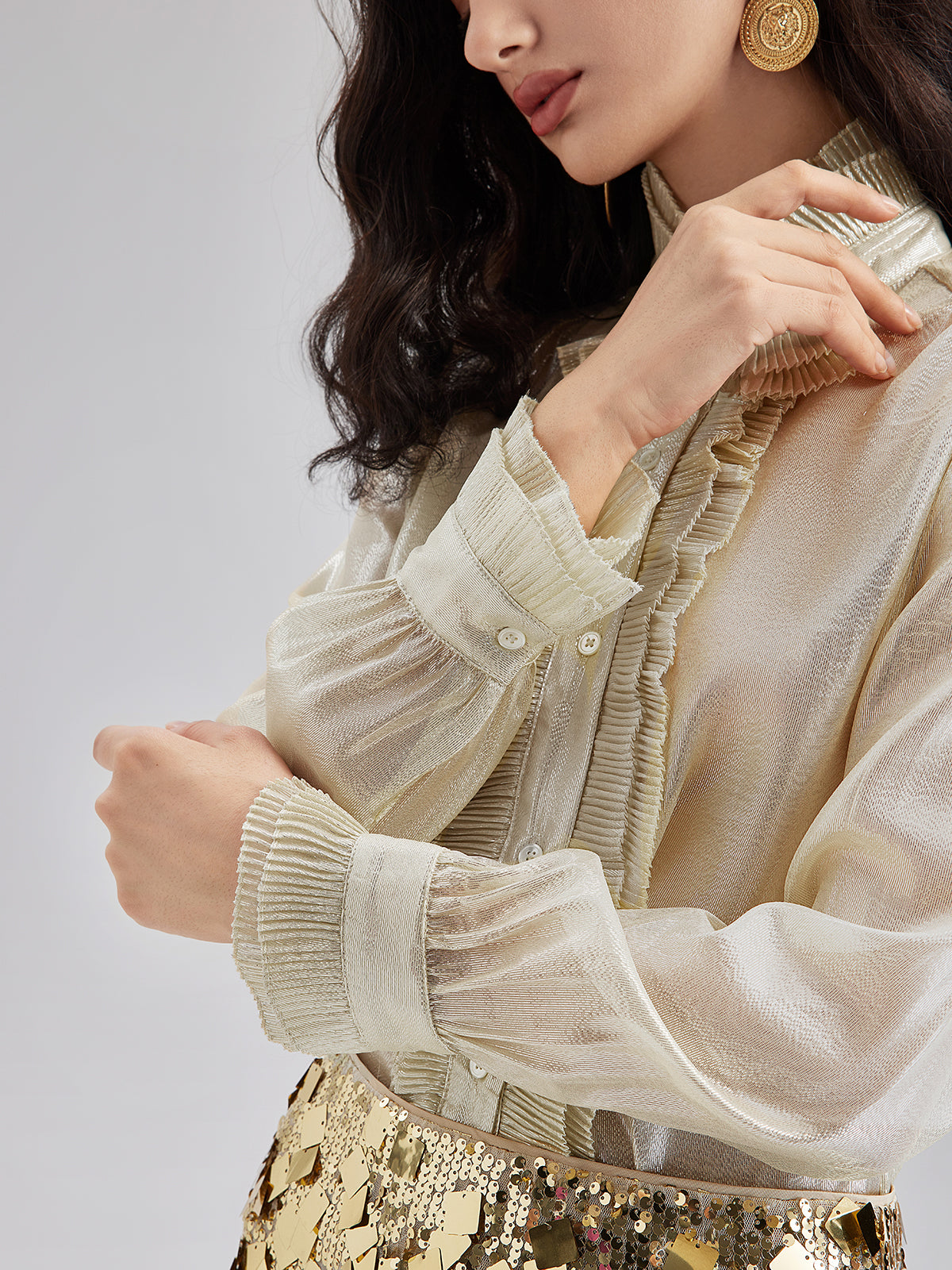 Silk Gold-Foil Pleated Shirt - Chic Style