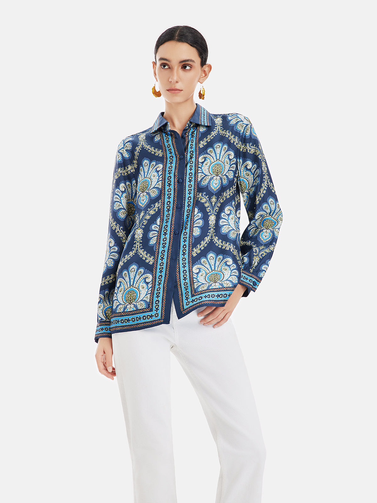 Retro Ethnic Print Loose Silk Shirt