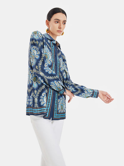 Retro Ethnic Print Loose Silk Shirt