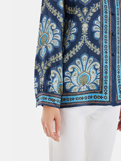 Retro Ethnic Print Loose Silk Shirt